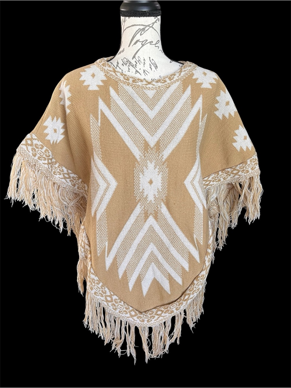 Mudd Fringed Aztec Knit Poncho Sweater - Tan & White Fall One Size